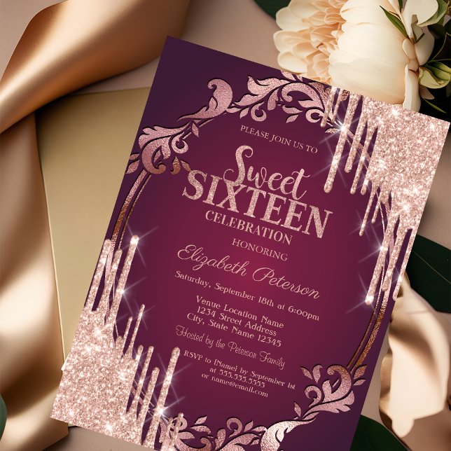 Invitation Cadre Rétro Rose Gold Paillettes Gouttes Bourgogne (Créateur téléchargé)