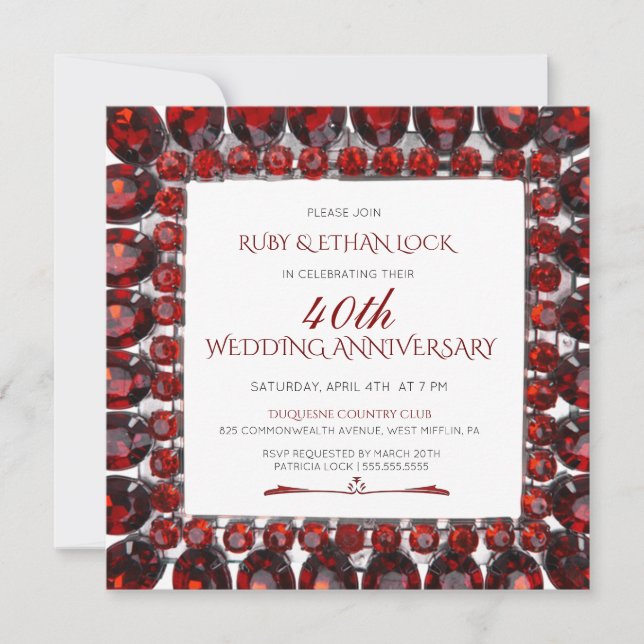 Invitation Cadre rétro rubis/Cadeau de mariage rubis 40 ans (Devant)