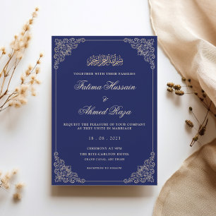 Invitation Cadre Rococo Orné Or Doré Mariage Musulman Bleu Ro