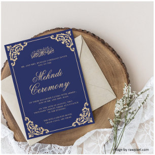 Invitation Cadre Rococo Victorien Cérémonie Mehndi Bleu Royal