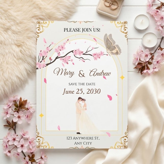Invitation Cadre romantique de fleurs de cerisier et de papil (Créateur téléchargé)