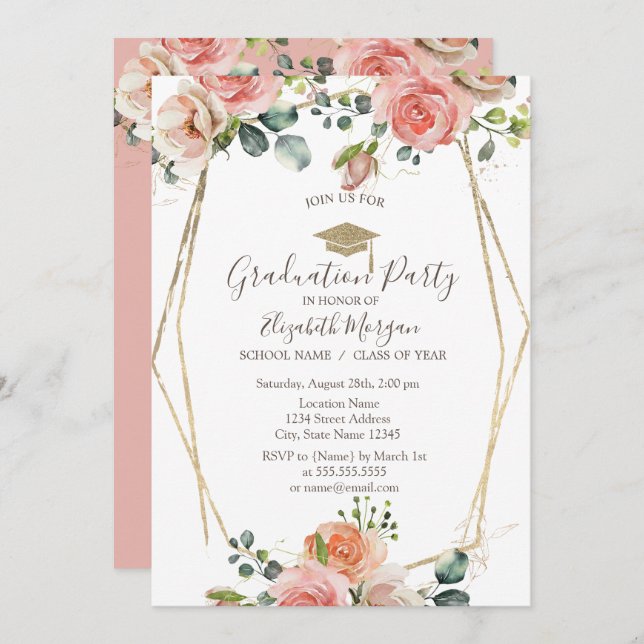 Invitation Cadre Rose, Casquette diplômé, Diplôme de  (Devant / Derrière)