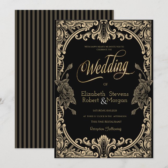 Invitation Cadre Rose chic, Mariage gothique rayé (Devant / Derrière)