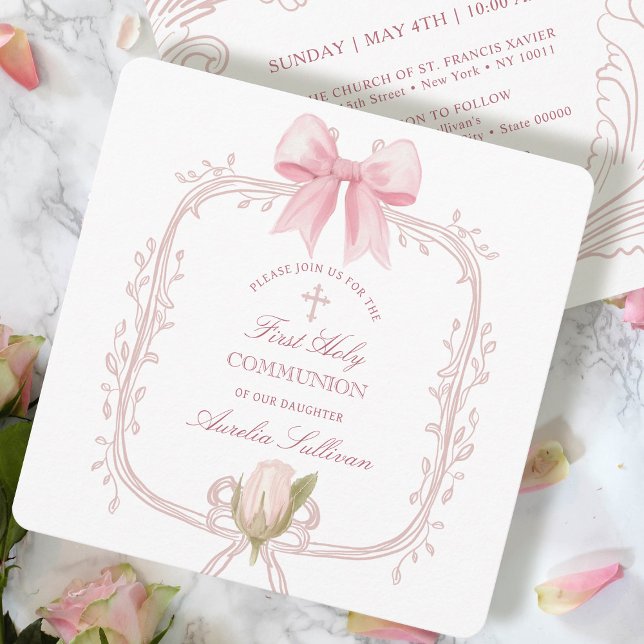 Invitation Cadre rose délicat Première Communion petite (Créateur téléchargé)