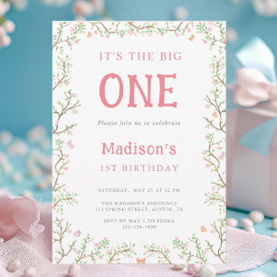 Invitation Cadre rose et vert en fleurs 1er anniversaire