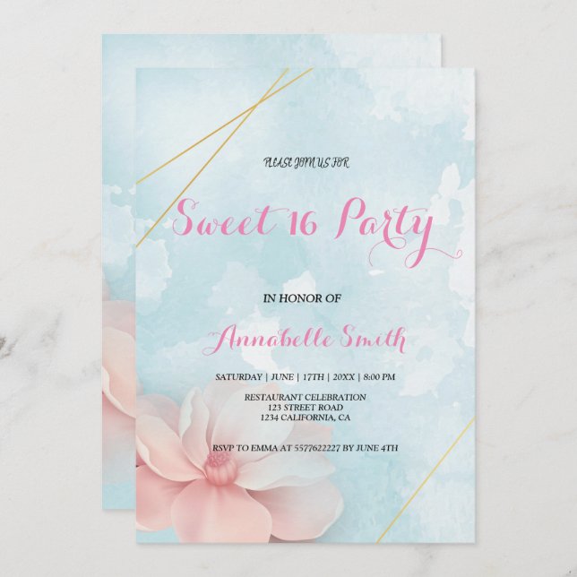 Invitation Cadre rose floral or bleu aquarelle douce 16 (Devant / Derrière)