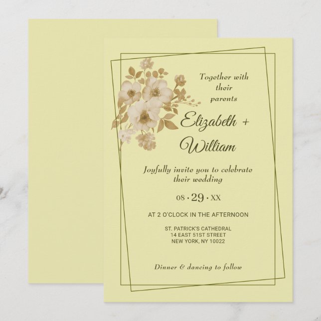 Invitation Cadre rose - Mariage jaune céleste (Devant / Derrière)