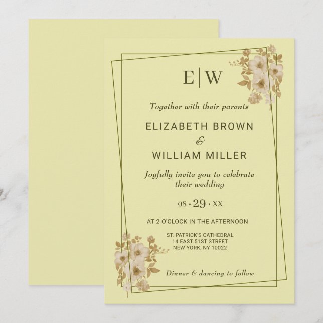 Invitation Cadre Rose – Monogramme Jaune Céleste Mariage (Devant / Derrière)