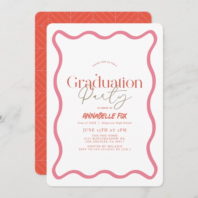 Invitation Cadre rose Wavy Trame Trendy Graduation (Devant / Derrière)
