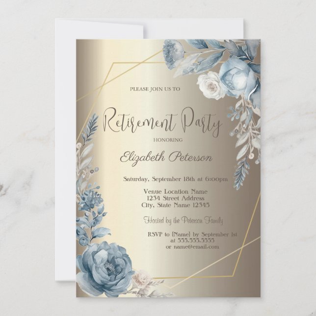 Invitation Cadre Roses Bleues Champagne Or (Devant)