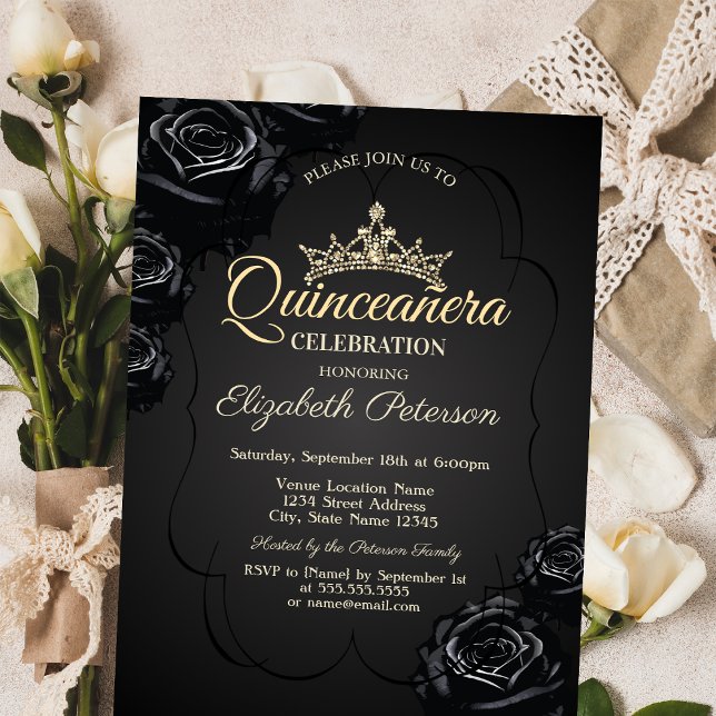 Invitation Cadre Roses Noires Quinceañera (Créateur téléchargé)