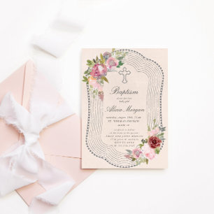 Invitation Cadre Rustique Baptême Floral Bourgogne Rose