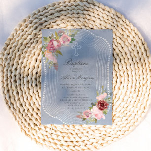 Invitation Cadre Rustique Baptême Floral Bourgogne Rose