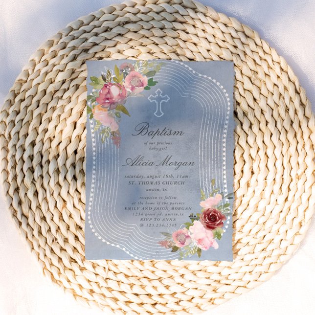 Invitation Cadre Rustique Baptême Floral Bourgogne Rose (Créateur téléchargé)