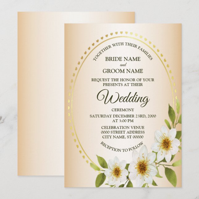 Invitation Cadre rustique doré de mariage blanc floral pêche (Devant / Derrière)