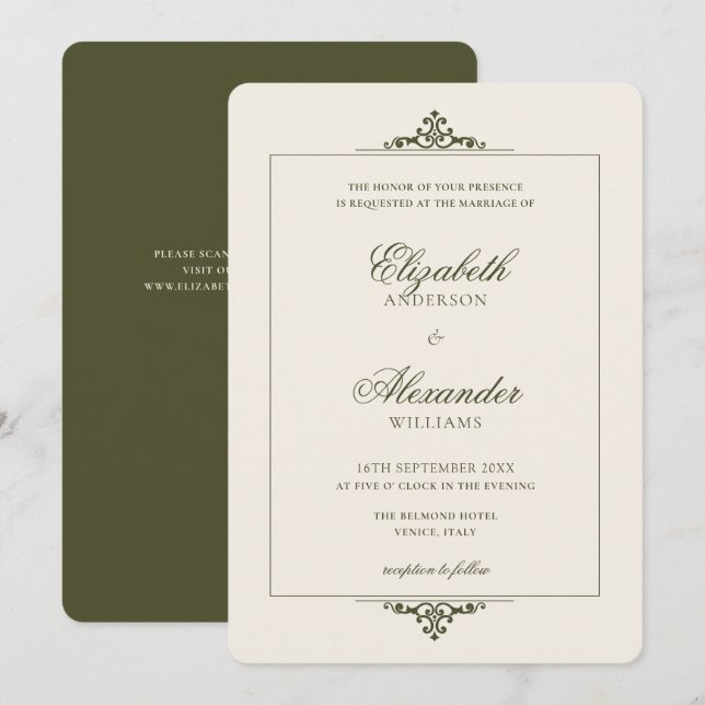 Invitation Cadre somptueux, code QR vert, mariage à l'ancienn (Devant / Derrière)