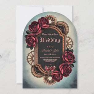 Invitation Cadre Steampunk avec Roses rouges et Engrenages