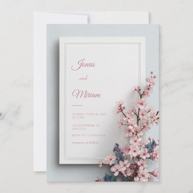 Invitation Cadre Texturé Mariage Feuille de Teal Rose Sakura (Devant)