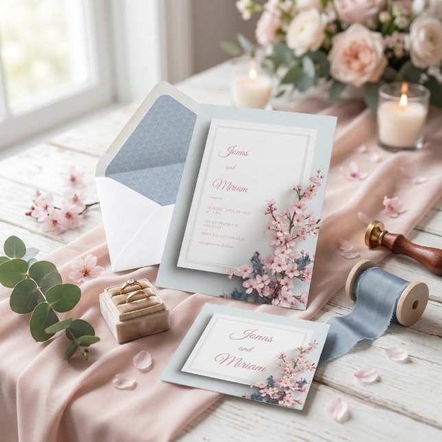 Invitation Cadre Texturé Mariage Feuille de Teal Rose Sakura (Créateur téléchargé)