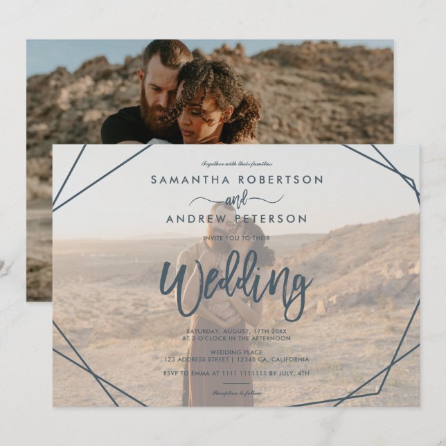 Invitation Cadre turquoise foncé simple script photo mariage (Devant / Derrière)