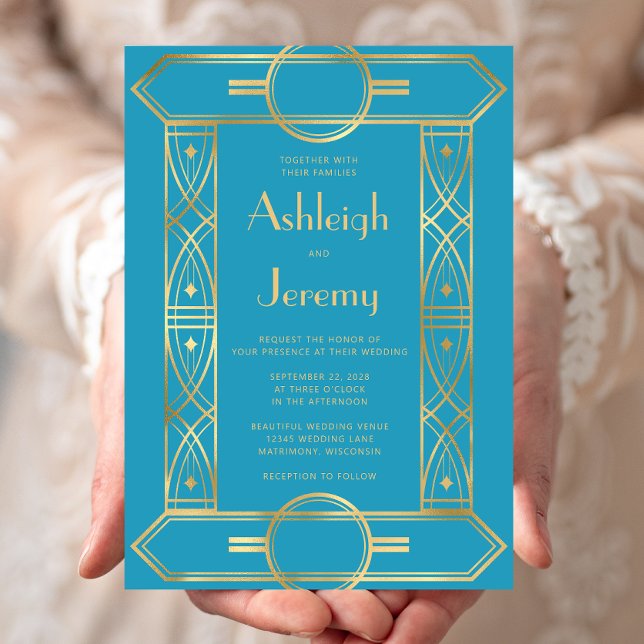Invitation Cadre Turquoise Mariage Deco Vintage Or (Créateur téléchargé)