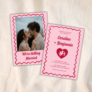 Invitation Cadre Vague Rétro Rouge Rose Cupidon Cœur Mariage