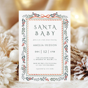 Invitation Cadre verdoyant d'hiver Père Noël Baby shower
