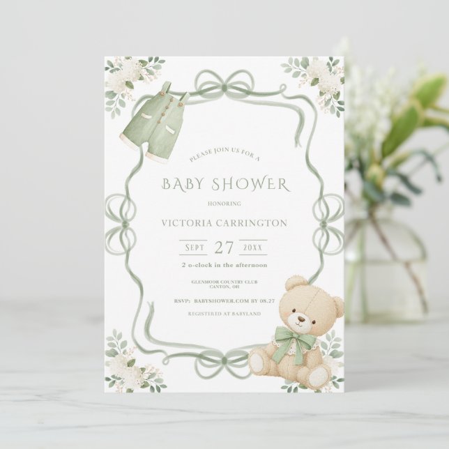 Invitation Cadre vert fantaisiste ours vintage  (Debout devant)
