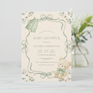 Invitation Cadre vert fantaisiste Ours vintage beige