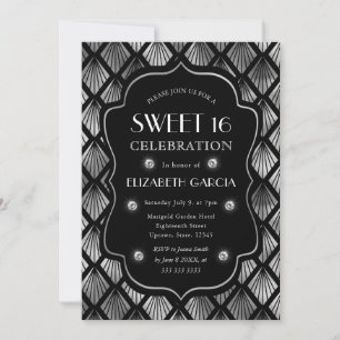 Invitation Cadre vintage Art Déco noir et argent pour Sweet 1