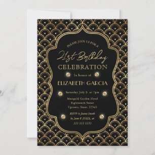 Invitation Cadre vintage Art Déco noir et or pour 21e anniver