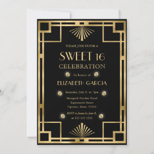 Invitation Cadre vintage Art Déco noir et or pour Sweet 16