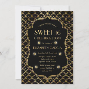 Invitation Cadre vintage Art Déco noir et or pour Sweet 16