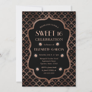 Invitation Cadre Vintage Art Déco Or Rose et Noir pour Sweet