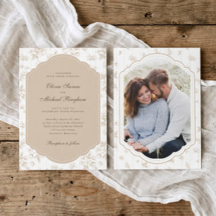 Invitation Cadre Vintage Beige Tanné Toile Photo Mariage