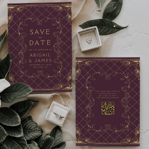 Invitation Cadre Vintage Bourgogne Mariage Or Épargnez la Dat