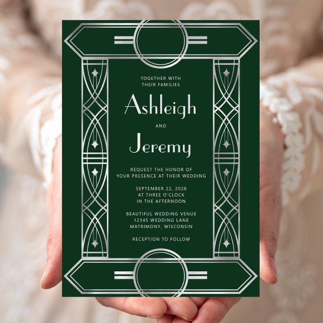 Invitation Cadre Vintage Déco Argent Emerald Green Mariage (Créateur téléchargé)