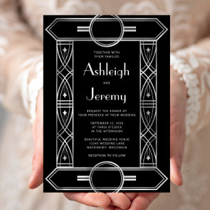Invitation Cadre vintage deco argent noir mariage