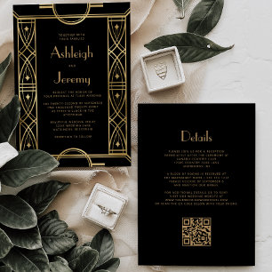 Invitation Cadre vintage deco en or noir Code QR Mariage