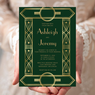 Invitation Cadre vintage doré déco mariage vert foncé