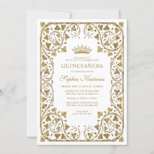 Invitation Cadre Vintage en or blanc Tiara Quinceanera