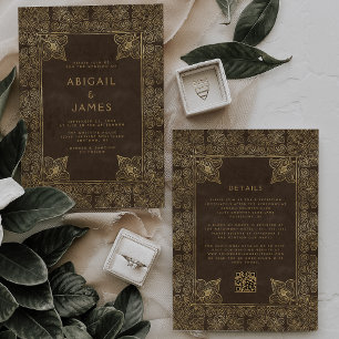 Invitation Cadre Vintage Marron Or Code QR Mariage