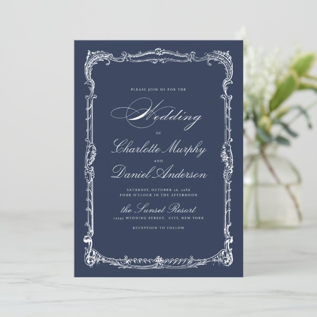 Invitation Cadre Vintage Navy Script Classique Simple Mariage (Debout devant)