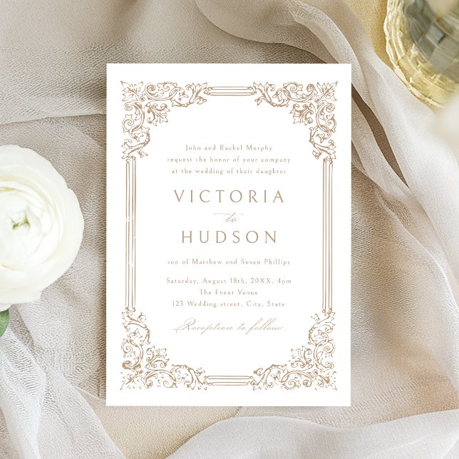 Invitation Cadre Vintage Neutre Élégant Mariage  (Neutral Vintage Frame Elegant Wedding Invitation)