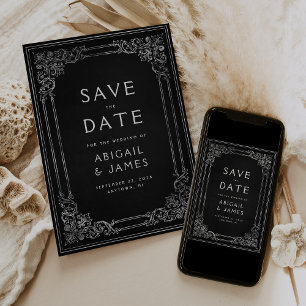 Invitation Cadre Vintage Noir Argent Mariage Économisez la Da