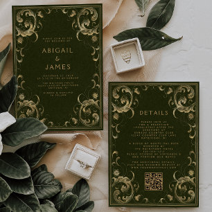 Invitation Cadre Vintage Olive Vert Or Code QR Mariage