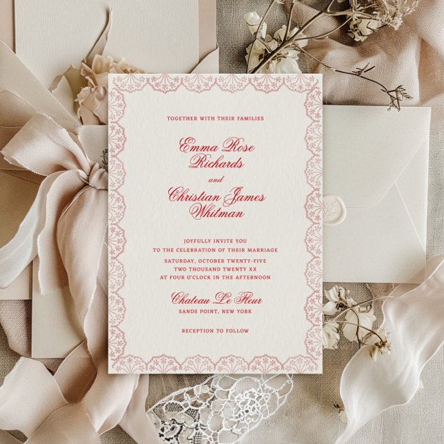 Invitation Cadre Vintage Romantique Mariage Rouge Fardé (Créateur téléchargé)