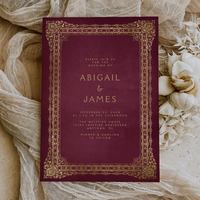 Invitation Cadre Vintage Rouge Or Mariage (A unique choice for a vintage red and gold themed wedding.)