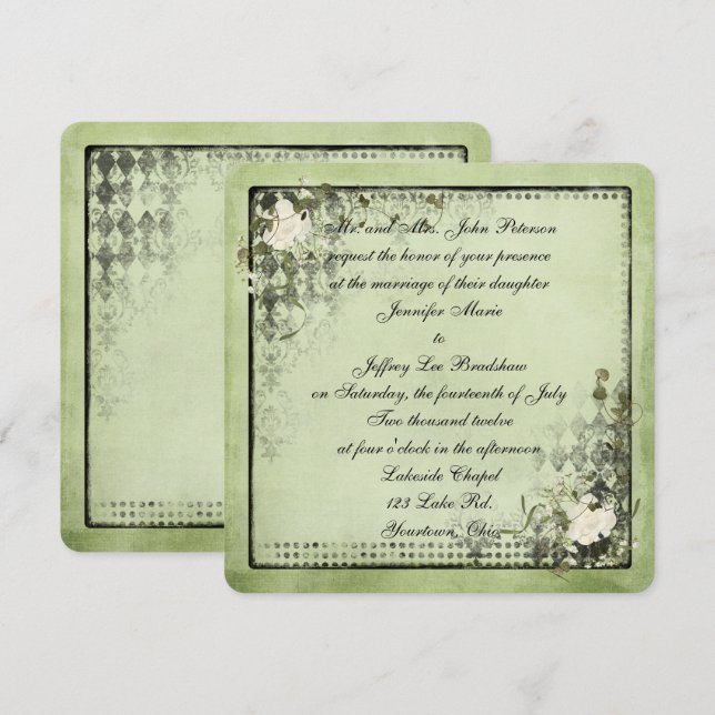 Invitation cadre vintage vert et noir (Devant / Derrière)