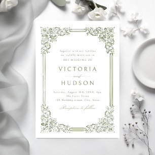 Invitation Cadre Vintage Vert Sauge Élégant Mariage